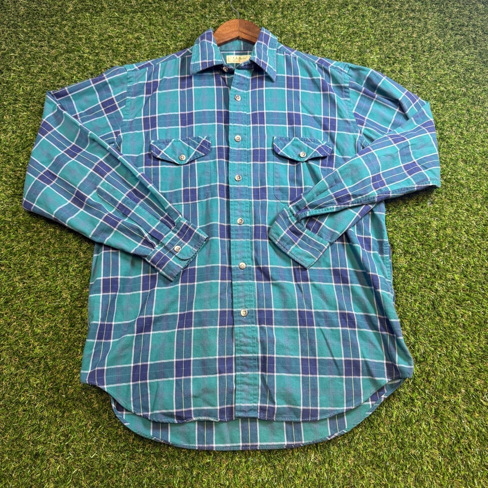 LL Bean Macflannel Plaid Button Up Shirt Teal Blue Purple Mens Large MADE IN USA
